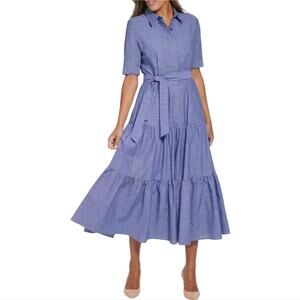 CALVIN KLEIN Women's Chambray Cotton Tie-Waist Button Front Shirtdress Size 8 Ne